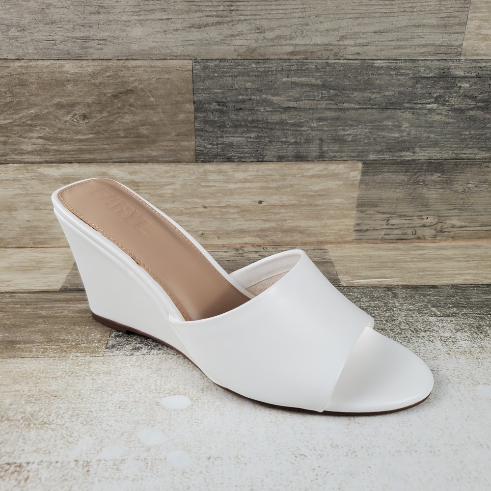 Faryl by Farylrobin Skye Womens Sandals Sz 11 White Slip On Open Toe Wedge Heel